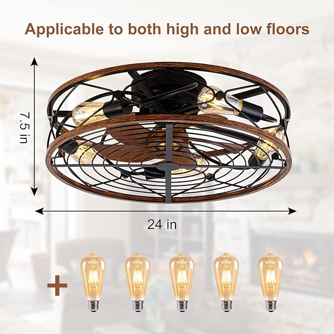 TIFEROR 24 Inch Low Profile Ceiling Fan with Light, Remote Control and 3-Speed Adjustment – Enjoy a Cool Breeze and Customize Your Comfort, Matte Black (5 E26 Bulb Include)