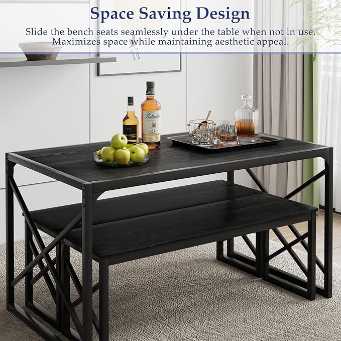 VECELO Kitchen Dining Table Benches Set for 4, 55" Wooden Dinette with 2 Benches, Heavy-Duty Dining Room Table for Small Space, Breakfast Nook, Black