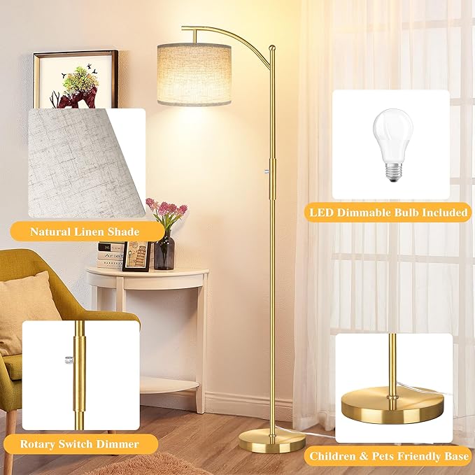 Dimmable Floor Lamp, Arc Floor Lamps for Living Room, Stepless Dimming Modern Standing Lamp with Linen Shade, Tall Lamp for Bedroom Office Dining Room- Brushed Gold
