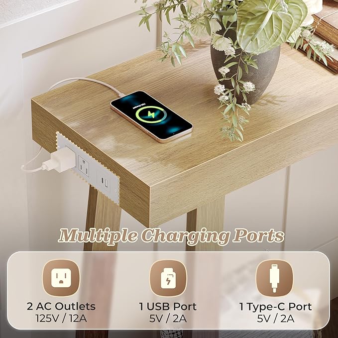 Huuger Entryway Console Table with Charging Station, USB-C Port, 47.2 Inch Sofa Table with Metal Legs, Entry Hallway Table with Thicker Desktop, Modern Behind Couch Table, Natural