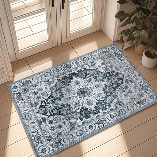 WILLSUN Washable Area Rugs, 2x3 Non-Slip Boho Small Area Rugs for Entryway, Kitchen, Bathroom, Machine Washable Vintage Rug, Indoor Floral Print Carpet for Home Decor, Kid & Pet Friendly Mat