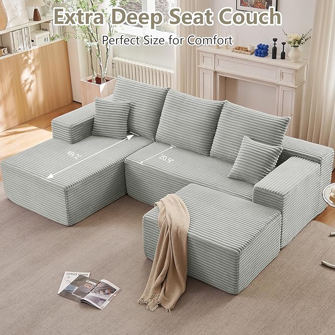 107" L-Shape Sofa with Ottoman, Modern Modular Sectional Comfy U-Shape Cloud Couch, Deep Seat, Upholstered Corduroy Sleeper Chaise Longue for Living Room Bedroom, No Assembly Required, Grey