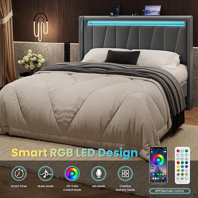 SHA CERLIN Queen Bed Frame with Charging Station and LED Lights, Modern Velvet Platform Bed with Upholstered Geometric Wingback Headboard, No Box Spring Needed, Easy Assembly, Grey