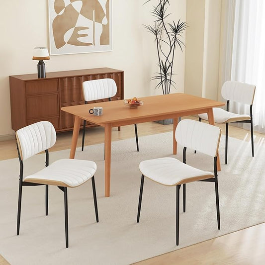 Modern PU Leather Dining Room Chairs Set of 4, Upholstered Kitchen Chairs with Curved Wood Backrest and Metal Legs Adjustable Feet for Kitchen Dining Room(White)