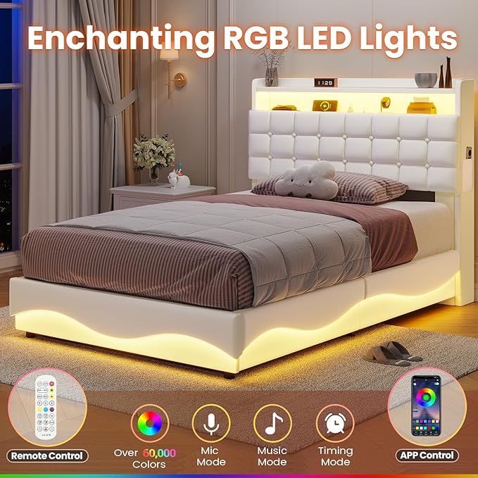 ADORNEVE Lift Up Storage Twin Bed Frame with LED Lights, Hidden Storage Headboard and Charging Station, Upholstered Platform Bed, LED Bed with Hydraulic, No Box Spring Needed, Creamy White