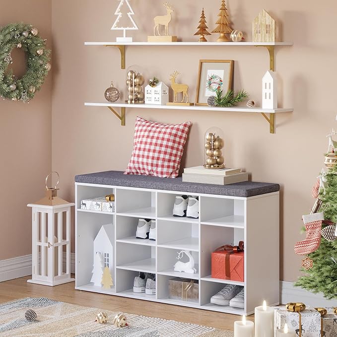 DINZI LVJ Long Wall Shelves, 47.3" Wall Mounted Shelves Set of 4, Large Floating Shelves with Metal Brackets, for Living Room, Bathroom, Bedroom, Kitchen, White and Gold