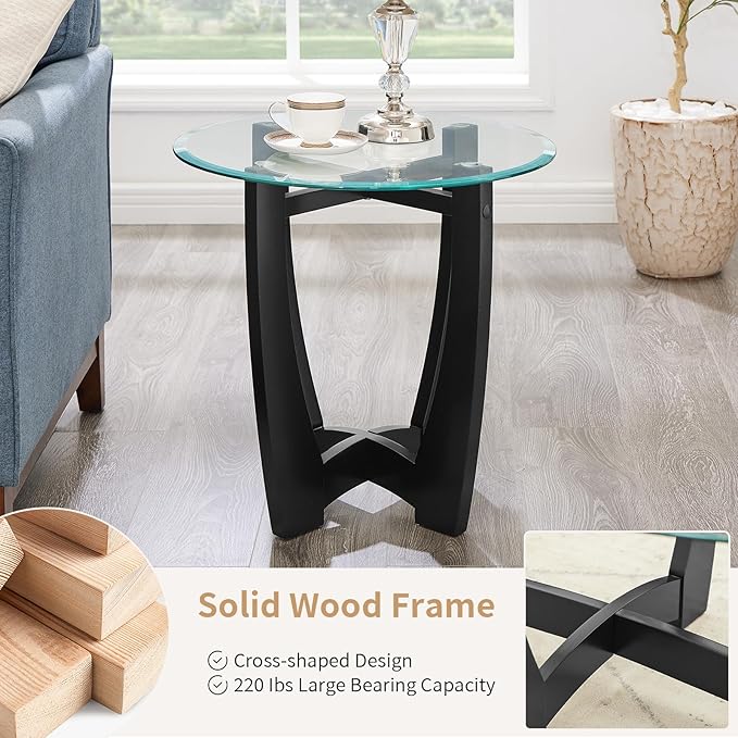 LKTART Glass End Table, 23.5" Round Side Tables with Tempered Glass Top Cross and Solid Wood Base Small Night Stand for Living Room Office Apartment Black
