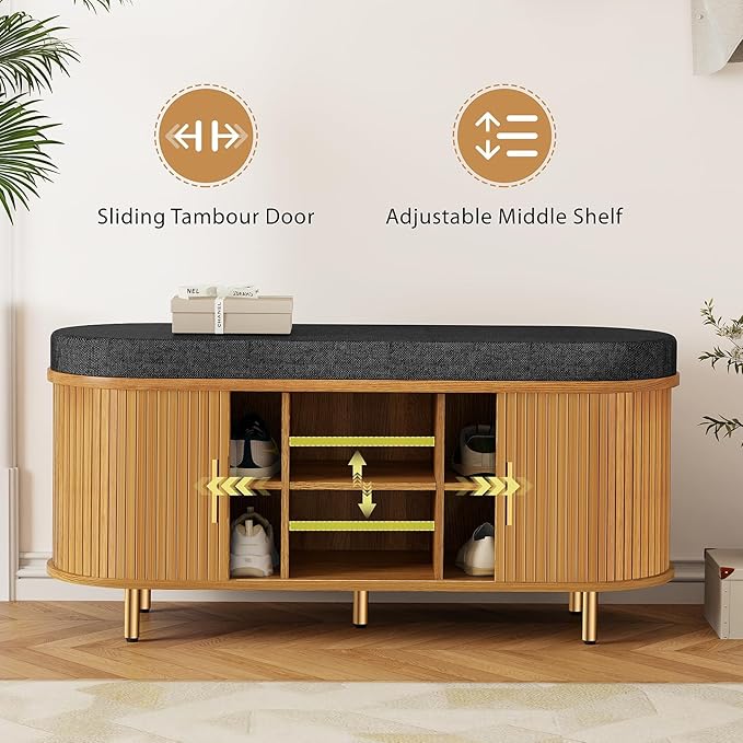 DHH Entryway Bench with Shoe Storage Fluted Shoe Storage Sliding Door and Adjustable Shelf with Cushion,2-Tier Shoe Rack Cabinet for Entryway, Bedroom, Living Room, (Yellow Walnut)
