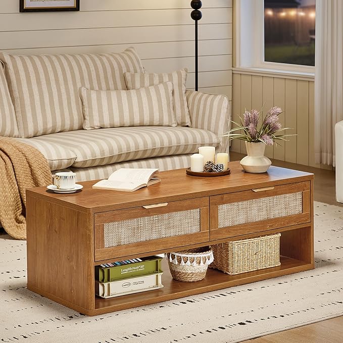 LEYAOYAO Boho Rattan Coffee Table Sets 3 Pieces, Nightstand with Charging Station and Coffee Table with Hidden Storage Compartment, Brown Living Room Table Set, Wood Furniture Sets for Home Office