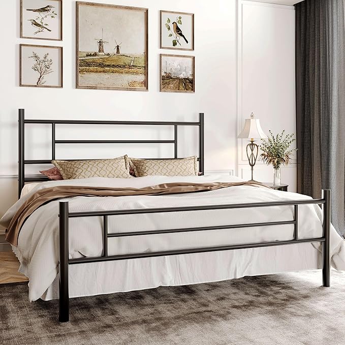 SHA CERLIN 14 Inch Queen Size Metal Bed Frame with Iron-Art Headboard and Footboard,Under Bed Storage Space,Platform Bed with Metal Slats Support,Easy Assembly,Noise Free,No Box Spring Needed,Black