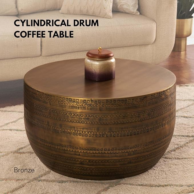 Modern Round Aluminum Hammered Embossed Texturing Metal Drum Coffee Table, Hand-Stamped Iron, Boho Accent Cylinder Drum Coffee Table, Cocktail Table, for The Living Room and Bedroom, Brass