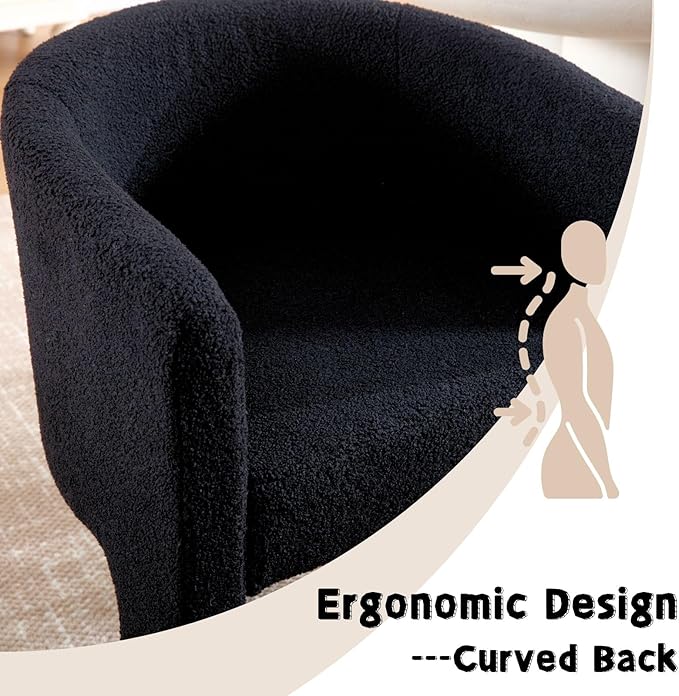 Modern Sherpa Barrel Dining Chair, Upholstered Boucle Dining Chair Accent Chair with Arms Comfy Makeup Vanity Chair, Dining Living Room Kitchen Chair, Black