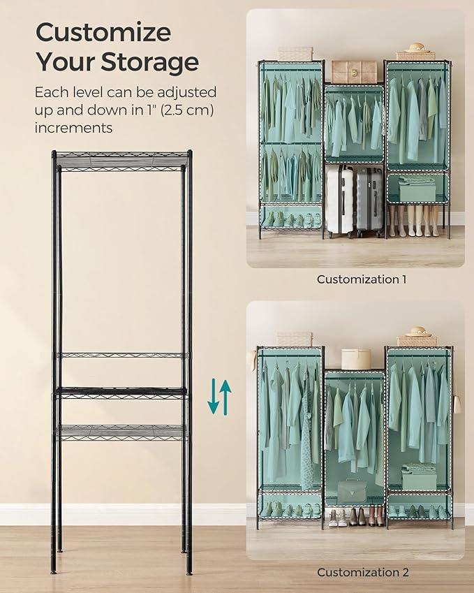SONGMICS Portable Wardrobe Closet Heavy Duty Clothes Rack, Freestanding Closet Organizer,15.8 x 68.9 x 70.9 inches,Metal Garment Rack with Adjustable Wire Shelves, Dividable, Ink Black ULGR431B01
