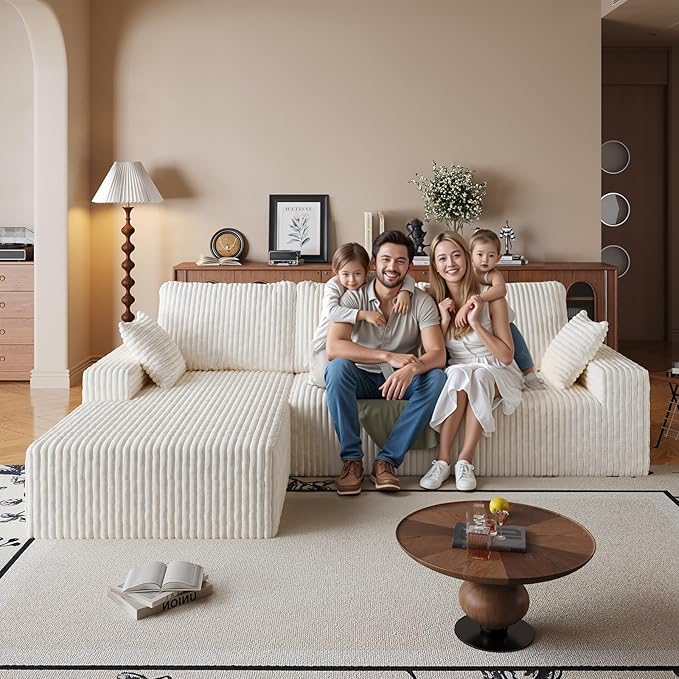 108" Sectional Couches for Living Room, Modular Sectional Sofa with L-Shape Chaise, Boneless Couch, Comfy Corduroy Fluffy Couch with Deep Seat and Side Pockets, No Assembly Required