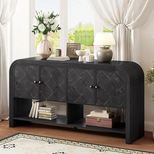 60'' Curved Sideboard with 4 Doors and Bottom Shelf, Versatile Wooden Accent Storage Cabinet Entryway Console Table for Hallway Living Room Dining Room (Black-4.16)