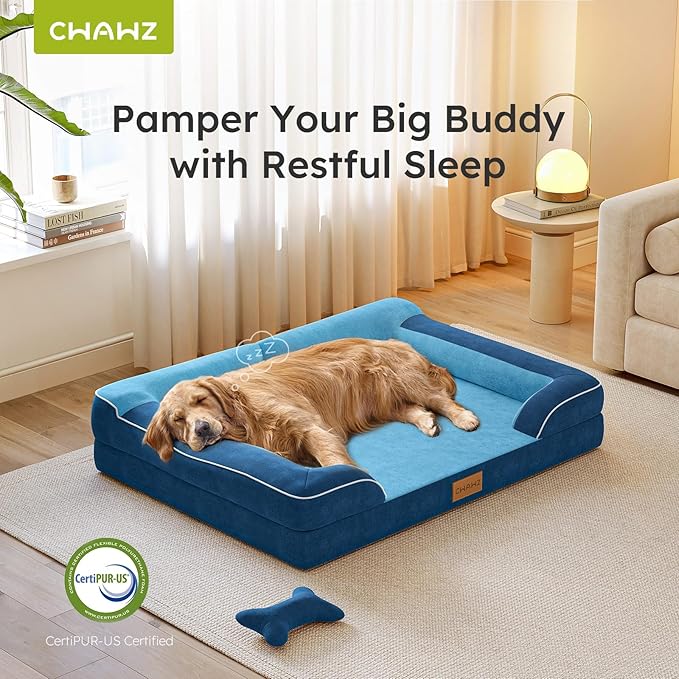 Dog Beds for Large Dogs, Orthopedic Dog Bed with Cooling Gel Memory Foam, Waterproof Large Pet Bed with Removable Washable Cover, 36" Pet Sofa Couch Dutch Velvet with Bone Toy, Navy Blue