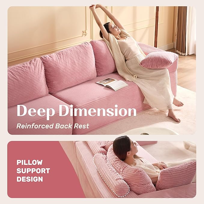 138" Modular Sofa Memory Foam Sectional Couches for Living Room, Sleeper Sofa Bed, Corduroy, Pink