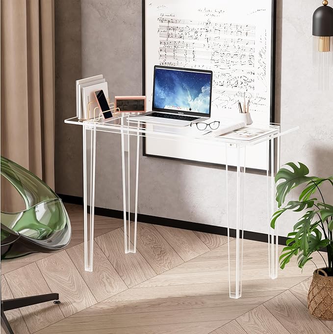 Acrylic Desk - Modern Study Table for Home Office, Extended Surface Multi-Purpose Console & Entryway Table, Sturdy Lightweight Design, Transparent Workstation for Small Spaces（Transparent-L）