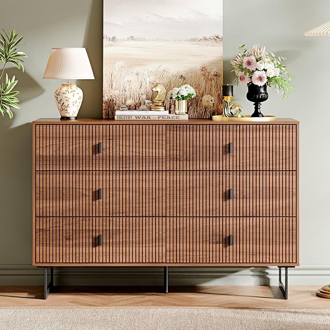 Modern Chest of Drawers with 6 Drawers,Deep Drawers,Clothes Organizer,Large Storage Cabinet for Living Room, Bedroom,Hallway,with Anti-Tipping Device,Brown