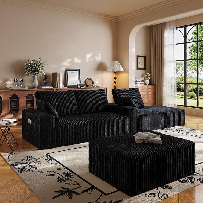 108" U Shaped Sectional Couch with Ottoman, Corduroy Modular Sectional Sofa with Deep Seat, Modern Modular L-Shape Sofa Couch with Chaise,Upholstered Boneless Couches for Living Room Bedroom