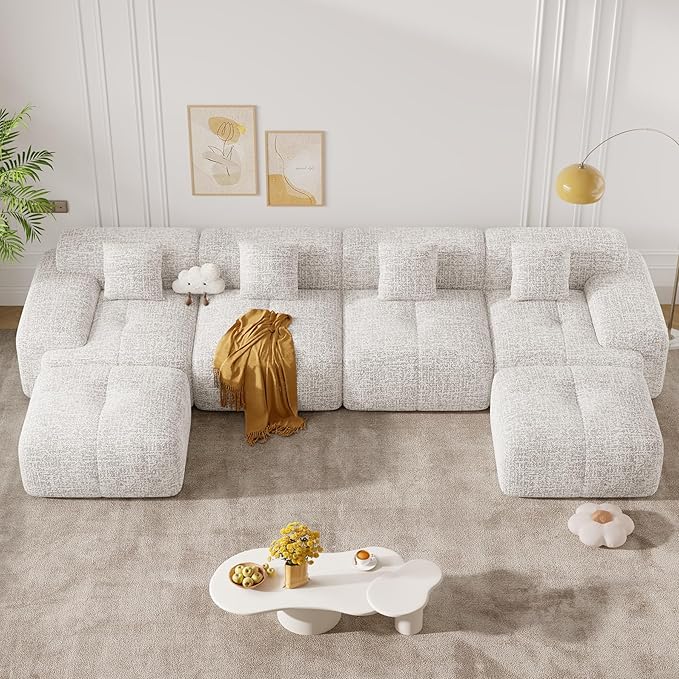 158" Modern U Shaped Modular Sectional Sofa, Boneless Couches for Living Room with Ottoman,6 Seater Convertible Chenille Cloud Couch Sofa Set, No Assembly Required, Beige 1 PCS