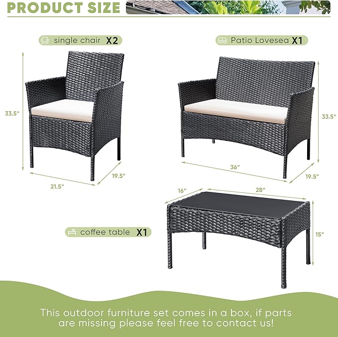 Greesum Patio Furniture 4 Pieces Conversation Sets Outdoor Wicker Rattan Chairs Garden Backyard Balcony Porch Poolside loveseat with Cushion and Glass Table, Black and Beige