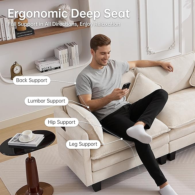 108" Modern L-Shaped Sectional Sofa with USB & Type-c Port Charger, Modular Cloud Couch, Deep Seating Chenille Fabric 4-Seater with Ottoman and Pillows for Living Room (Beige)