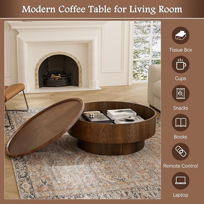 Round Coffee Table with Storage 30.7" Handcraft Drum Wooden Center Table Mid Century Modern Coffee Table Luxury Wood Circle Tea Table for Living Room Apartment, Small Space (Brown)