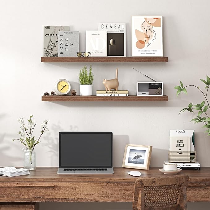 Heimlove Floating Shelves for Wall 32 Inch,Mounted Storage Wood Shelves with Invisible Brackets Hanging Shelf for Bedroom Living Room Kitchen Office,Set of 2,Walnut Color