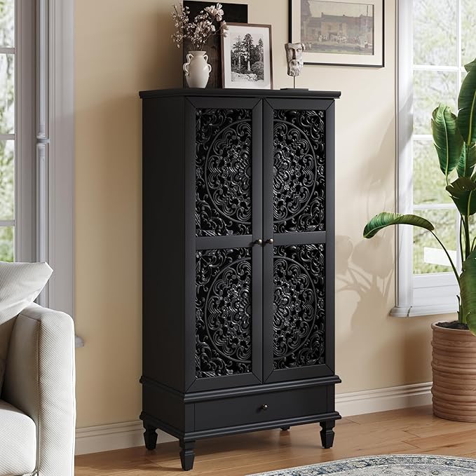 Rustic 55'' Tall Storage Cabinet with 2 Hollow-Carved Doors a Drawer, Wood Accent Cabinet with Solid Wood Legs for Living Room, Hallway, Dining Room (Black-T)