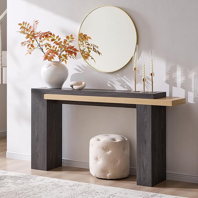 OKD 63 Inch Modern Entryway Console Table, Solid Geometry Accent Sofa Table Behind The Couch, Narrow Console Table for Entryway, Hallway, Living Room, Foyer, Natural Oak with Dark Alder