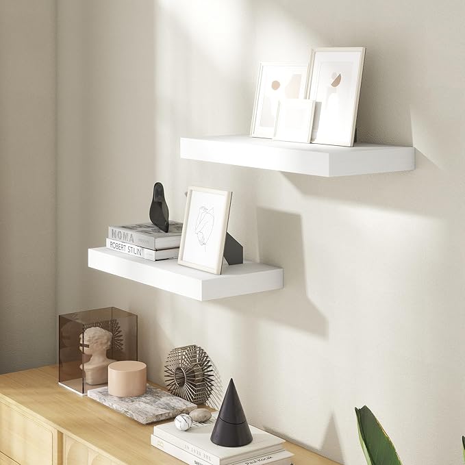 20 Inch Floating Shelves for Wall, 8 Inch Deep Floating Shelf for Storage & Display, Rustic Wall Mounted Shelf with Invisible Brackets for Living Room, Kitchen, Bathroom, Home Decor, Set of 2, White