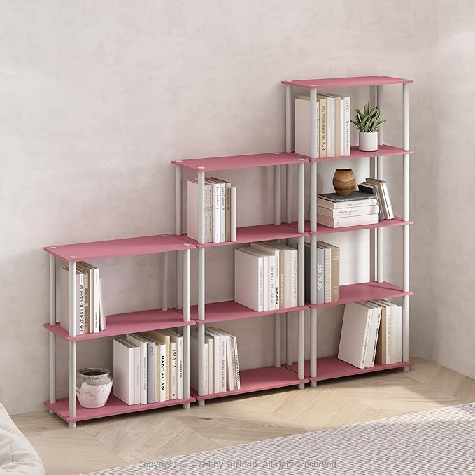 Furinno TURN-N-TUBE Storage Shelves, 5-Tier Book Shelf, Corner Shelf, Toolless Open Shelves, for Organization and Storage, Living Room, Garage, Home Office, Pink