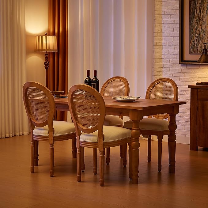 Nrizc French Country Dining Chairs Set of 4, Farmhouse Fabric Chairs with Round Back, Rattan Dining Chair, Oval Side Chairs for Dining Room/Living Room/Kitchen/Restaurant