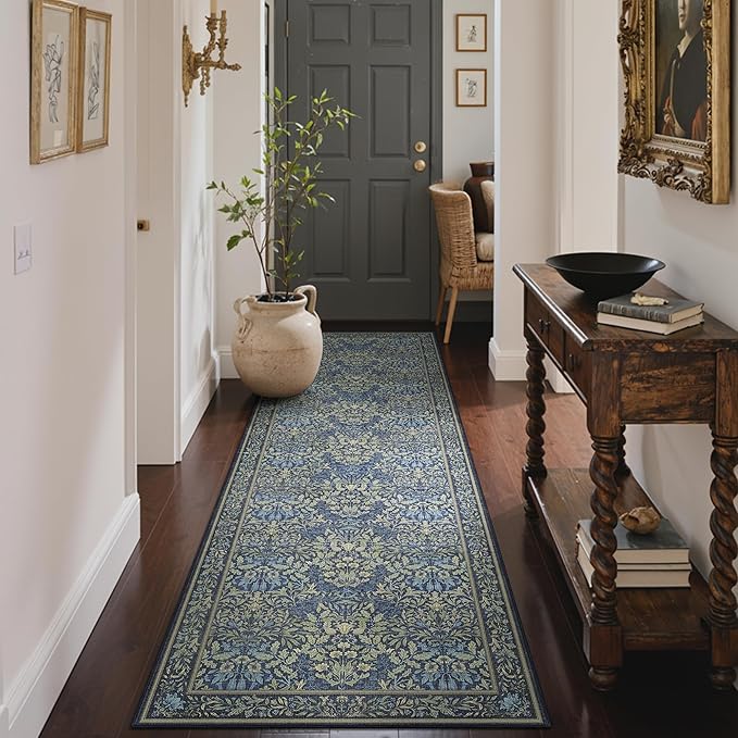 GENIMO Floral Washable Runner Rug 2’6”x10’, Non-Slip Long Hallway Carpet for Entryway, Kitchen, Indoor Floor Use, Vintage Boho Soft Thin Rug Décor, Dark Blue