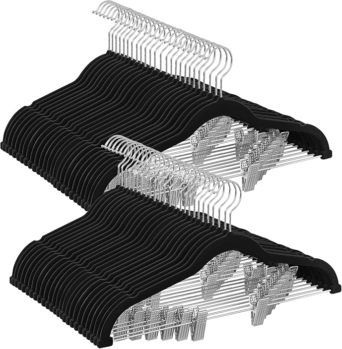 SONGMICS 50-Pack Pants Hangers, 16.7-Inch Long Velvet Hangers with Adjustable Clips, Heavy-Duty, Non-Slip Skirt Hangers, Space-Saving for Pants, Skirts, Coats, Dresses, Black UCRF012B50