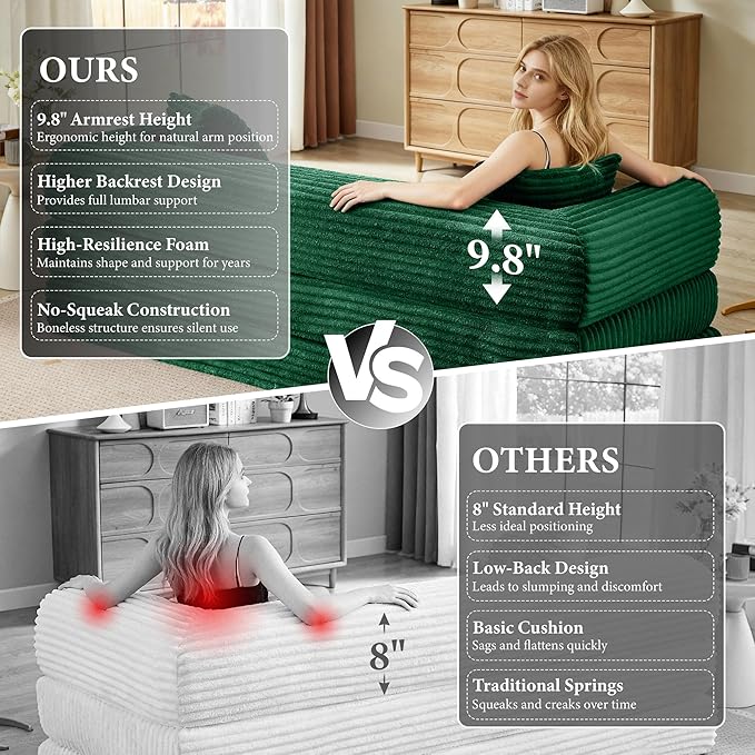 Boneless Couch Sofa Bed Sectional Couches for Living Room,Futon Cloud Couch with Sleeper Sofa,Sofas for Living Room Oversized Corduroy Upholstered (Green)