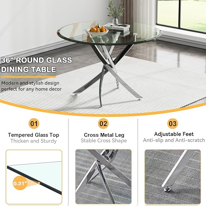 Goujxcy 3 Pieces Round Dining Table Set for 2, Modern Silver Glass Kitchen Table and Chairs for 2 with Upholstered Chairs, Circle Coffee Dining Table Set for Small Space,Apartment,Office