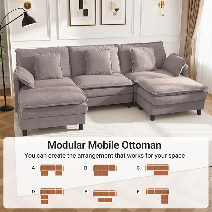 Claiks 110" Modular Sectional Sofa, Cloud Couch with Ottoman, U-Shaped 5-Seater Sofa in Chenille Fabric, Deep Seat Comfy Couch with Pillows for Living Room & Offices, Light Gray