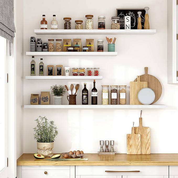 Vivelove 10 in Deep Floating Shelves for Wall, 55" x 10.2" x 1.5" Shelves for Room Wall Mounted, 1.5 Inch Thick Shelf for Bathroom Bedroom Kitchen Book Room, Modern Farmhouse Decor, Set of 2, White