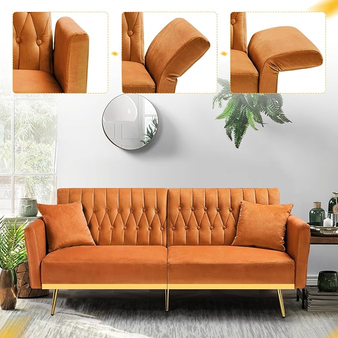 70” Velvet Futon Sofa Bed w/Adjustable Armrests & 2 Pillows, Convertible Futon Couch w/Adjustable Backrests, Modern Sleeper Bed for Living Room, Bedroom, Orange