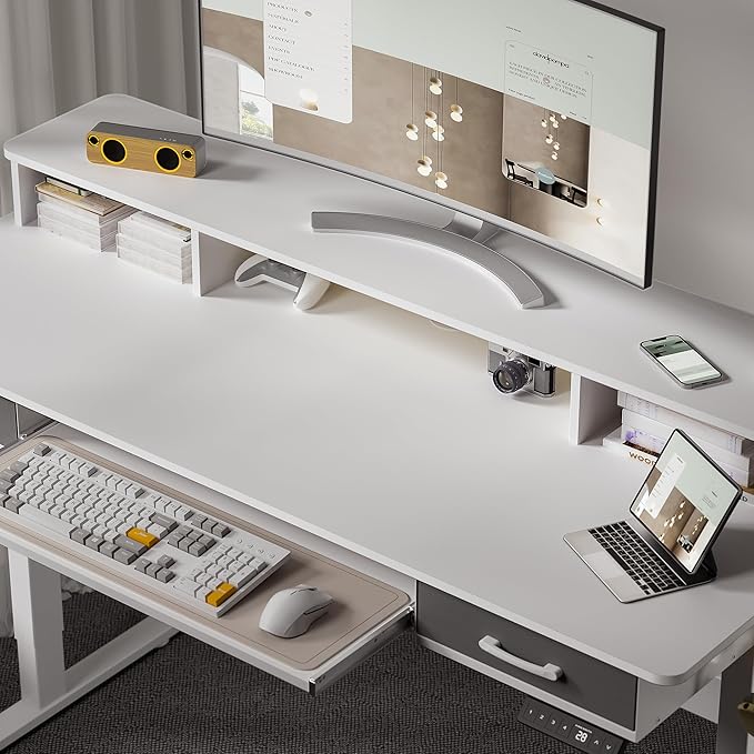 63 Inches Electric Standing Desk with Keyboard Tray, Height Adjustable Sit to Stand Table with 2 Drawers, Ergonomic Home Office Desk with Storage Shelf, Computer Table, White