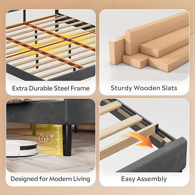 WLIVE King Size Upholstered Bed Frame, Velvet Square Tufted Headboard, Sturdy Metal & Wooden Slats Support, No Box Spring Needed, Light Grey