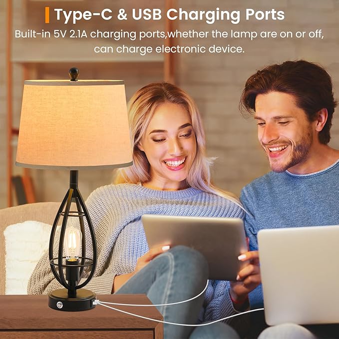 27.8" Farmhouse Table Lamps for Living Room Set of 2, Rustic Nightstand Lamps for Bedroom End Tables with USB Ports, 3-Way Dimmable Touch Industrial Bedside Lamps, Bulbs Included(Black)