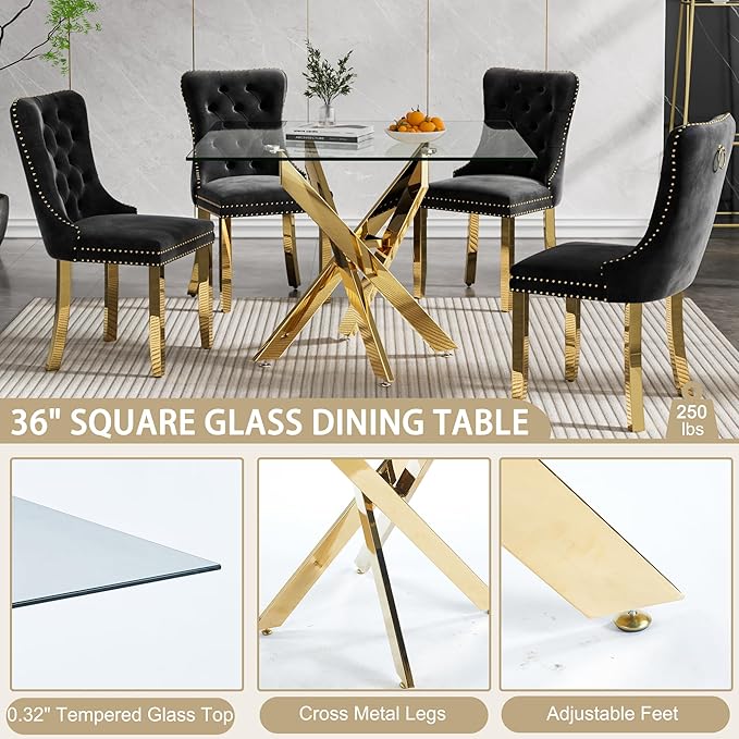 36" Square Dining Table for 4, Modern Clear Glass Kitchen Table for 4 with Gold X Metal Legs, Contemporary Small Glass Dining Room Leisure Tables for Kitchen Apartment