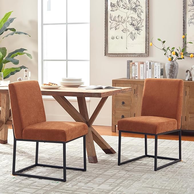 VKNOW Upholstered Dining Chairs Set of 2, Modern Dining Room Chairs, Linen Kitchen Chair Dinner Chair with Black Metal Base for Kitchen Office, Orange-Unstriped