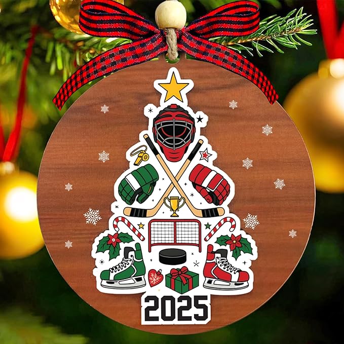 Ice Hockey Christmas Ornament 2025- Ice Hockey Gifts for Players, Family, Friends, Sport Lovers, Coaches - 2 Layer Wooden Hockey Ornaments for Christmas Tree - Sports Wood Hanging Decor Ornaments