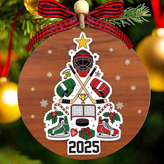 Ice Hockey Christmas Ornament 2025- Ice Hockey Gifts for Players, Family, Friends, Sport Lovers, Coaches - 2 Layer Wooden Hockey Ornaments for Christmas Tree - Sports Wood Hanging Decor Ornaments