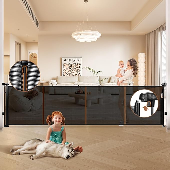 120" Retractable Baby Gate Extra Wide, 41" Tall Retractable Dog Gate for Stairs, Doorways, Decks, Mesh Gate Long Child Gate Pet Gate for Indoor, Outdoor, with Reinforced Mesh Rods, Dual Locks