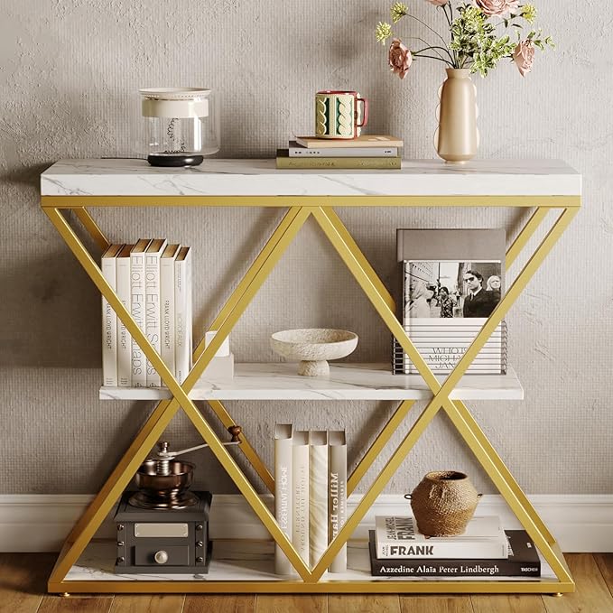 Garvee 3-Tier Entryway Table, Industrial Console Sofa Table with Storage, Accent Table with Open Shelves, X-Shaped Metal Frame, Foyer Table for Entryway, Hallway, White